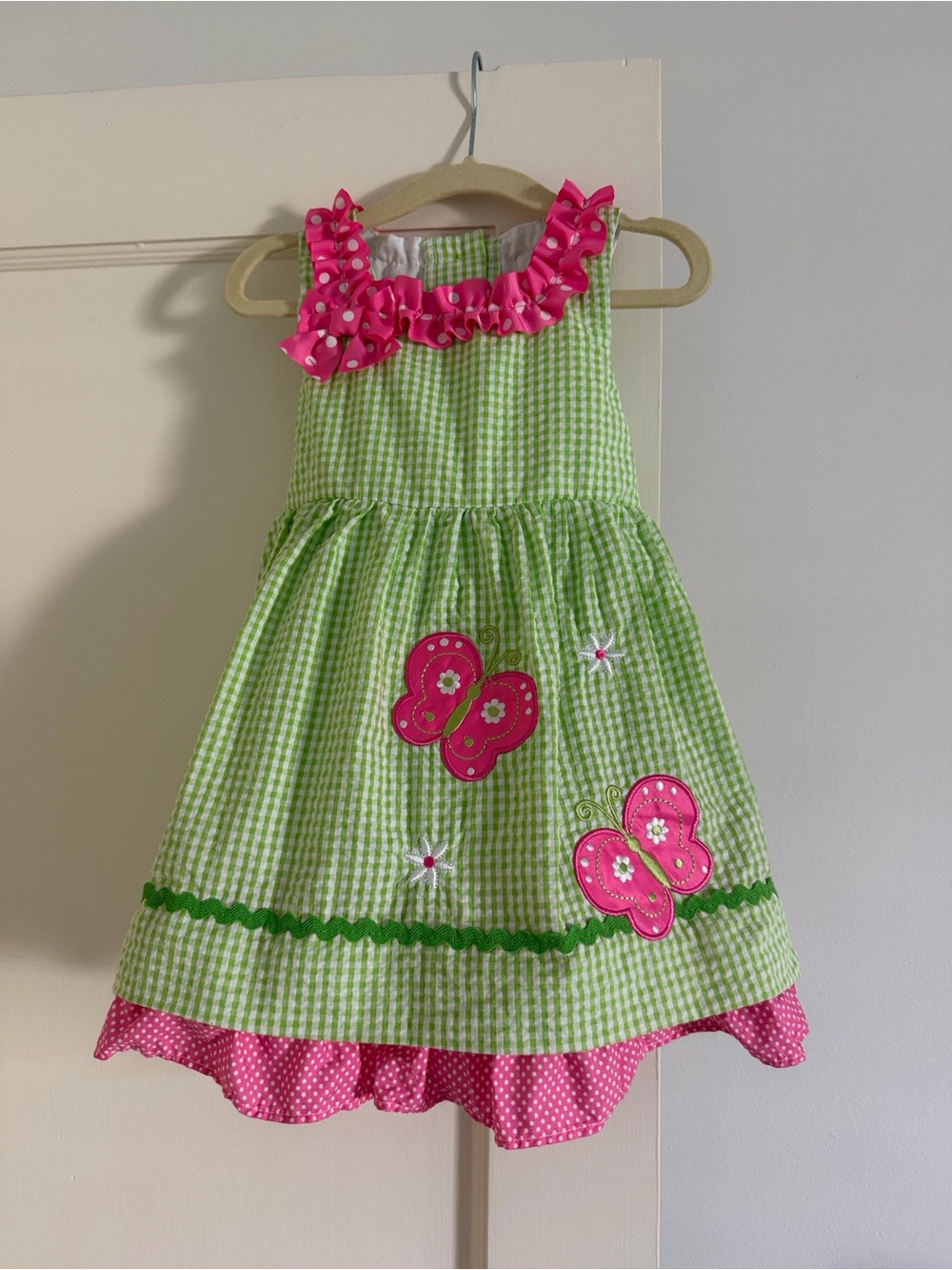 Emily Rose Green Gingham Butterfly Ruffle Dress for Kids - Pink Accents